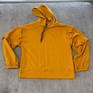 Tommy Hilfiger Womens Ruffle Sleeve Hoodie Mustard Yellow Fleece Pullover M